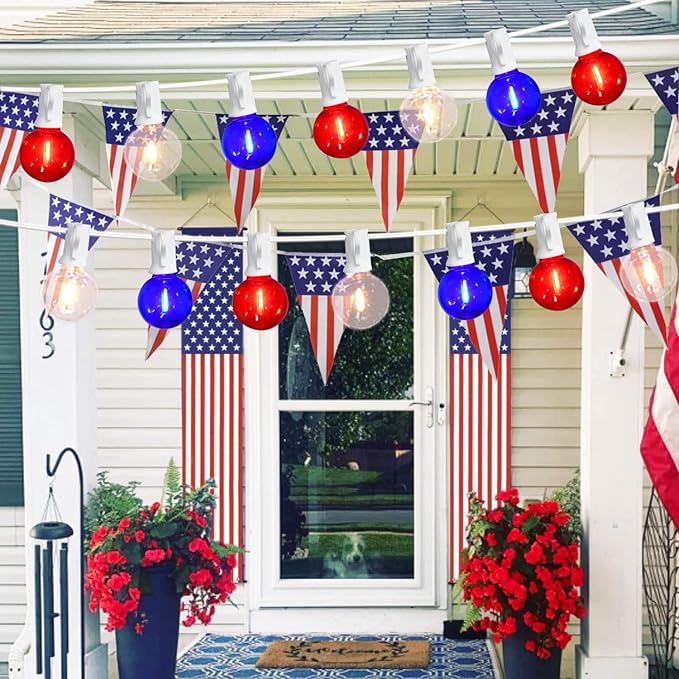 27.8Ft G40 Red White and Blue Lights String with 28 Shatterproof LED Globe Bulbs, for Memorial Day 4th of July Decorations Outdoor & Patriotic Decorations Lights for Home Party Patio Gazebo, 0.6W
