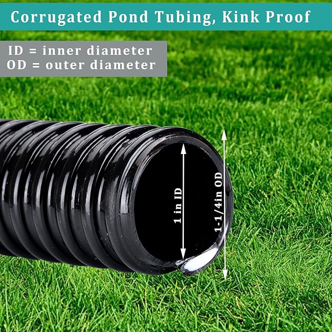 Pond Hose ID 1” × 50ft Black Corrugated Flexible Reinforced PVC Hose Vinyl Tubing for Pond Pump Fountain Garden Waterfall, Non-toxic & Kinkproof, with 2 clamps