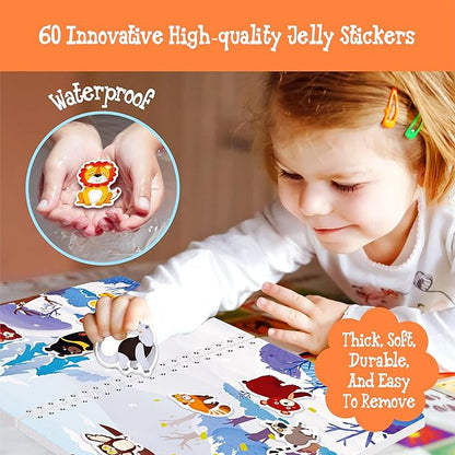 Reusable Jelly Sticker Book, 60 Wild Animals Thick Jelly Stickers Waterproof Gel Cling Decals Jungle Themed Busy Book Hands-on Activity Travel Game Educational Learning Toys for Toddlers, Kids