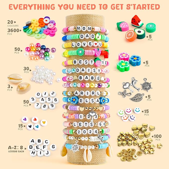 Girls Gifts Bracelet Making Kit, 20 Colors Polymer Clay Beads with Charms Letter Beads Arts and Crafts Kit Jewelry Making Set Birthday Gift Idea Girl Toys Gifts Party Favors for Kids Ages 6-13