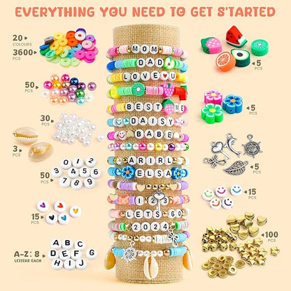 Girls Gifts Bracelet Making Kit, 20 Colors Polymer Clay Beads with Charms Letter Beads Arts and Crafts Kit Jewelry Making Set Birthday Gift Idea Girl Toys Gifts Party Favors for Kids Ages 6-13