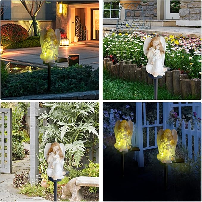 QH & Garden 2-Pack Angel Solar Garden Light - LED Waterproof Lights Mother's Day Gift,Solar Powered Garden Stake Lights for Balcony, Yard, Lawn, Pathway, Walkway-Angel Statues Grave Decorations