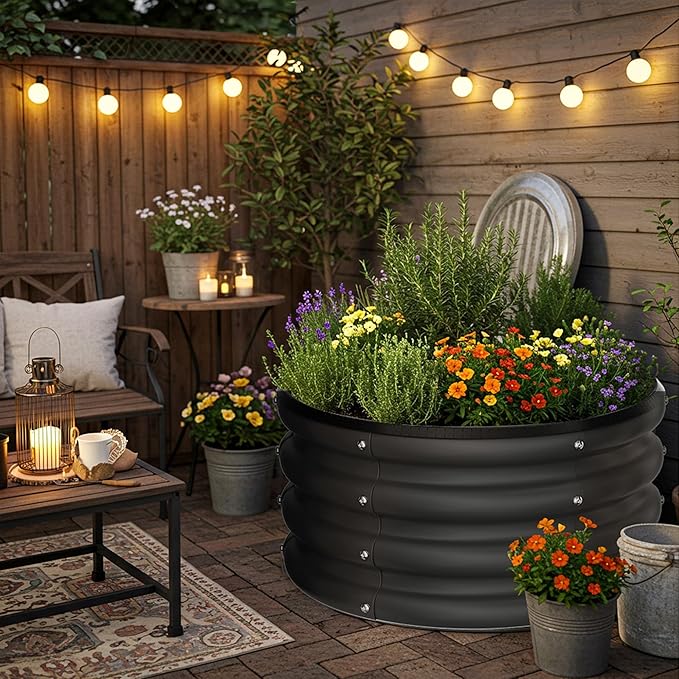 ZXZYHFTY Round Galvanized Raised Garden Bed kit,Black Outdoor Garden Raised Planter Box, Round Large Metal Raised Garden Beds for Vegetable 2 * 2 * 1ft 1 Pack