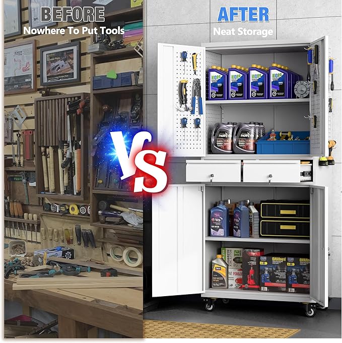 Metal Garage Storage Cabinet with Locking Doors and 2 Adjustable Shelves, Rolling Tool Storage Cabinet with 4 Wheels and 2 Drawer for Garage, Warehouse, White and Gray, Assembly Required