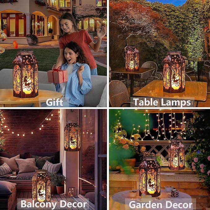 Solar Lanterns Outdoor Hanging Metal Bronze Moon Fairy Lantern, 1 Pack Waterproof Flickering Flameless Candle Mission Lights for Table,Pathway,Garden Gifts for Women, Mothers' Day Gift