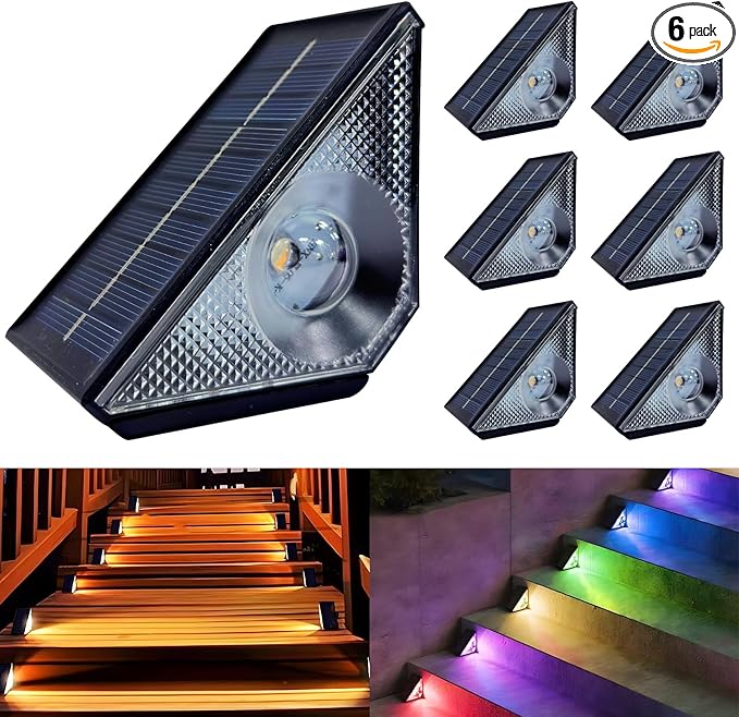 Solar Step Lights Outdoor, 6 Pack Solar Stair Lights Waterproof, Warm White/7 RGB Colors Deck Lighting for Outside Garden Stair, Deck, Fence, Front Step, Front Porch, and Patio Decor