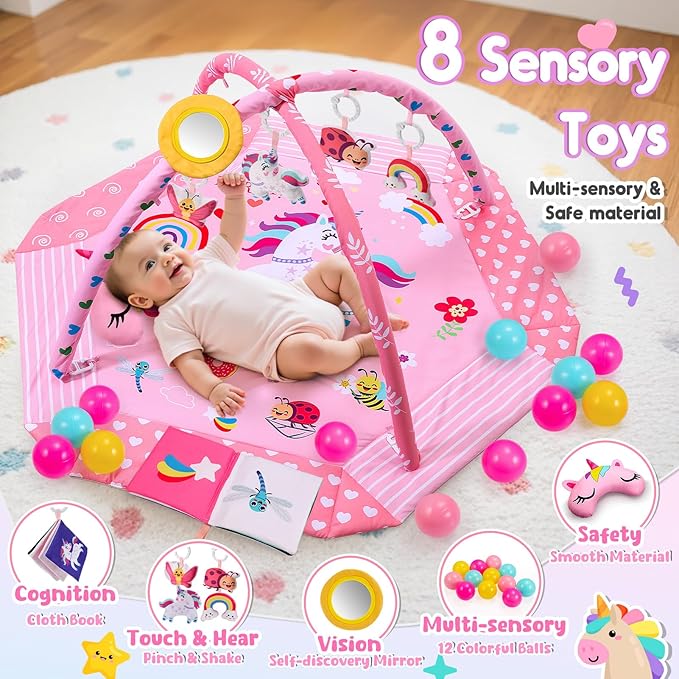 Unicorn Baby Gym Play Mat, 9-in-1 Tummy Time Mat with 7 Baby Toys, Washable Baby Activity Mat for Visual, Sensory, Motor Development, Newborn Baby Toys Gift for Toddler 0-3-4-6-9-12 Months