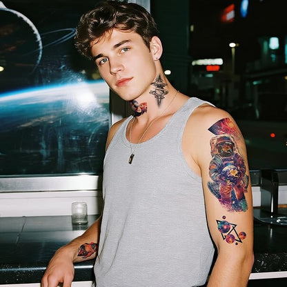 77 Sheets Temporary Tattoos, 17 Sheets Space Planet Astronaut Rockets Half Arm Fake Tattoo for Adults Men Women, 60 Sheets Small Waterproof Lasting Stickers Tattoo for Boys Girls Kids Party