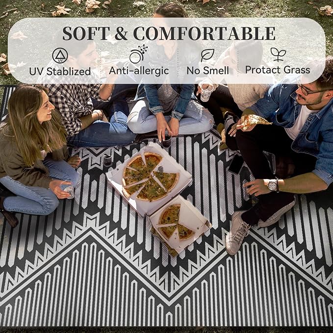 MontVoo Outdoor Rug 8x10 Waterproof Patio Rug-Outdoor Carpet Mat Reversible Plastic Straw Outside Outdoor Rug for RV Camping Picnic Beach Balcony Backyard Pool Deck Porch Modern Boho Grey