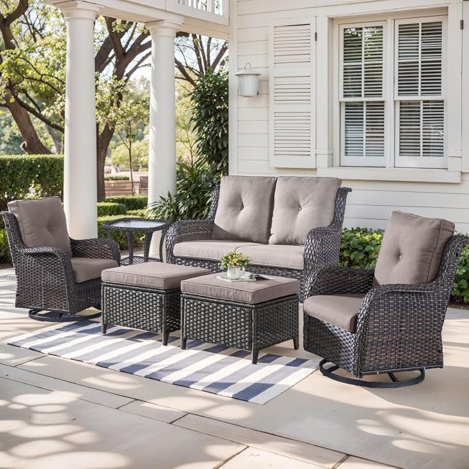 Outdoor Wicker Patio Furniture Set - 6 Piece Rattan Patio Conversation Set with 2 Rocking Swivel Chairs,2 Ottomans,1 Loveseat and 1 Side Table for Porch Deck Backyard Garden(Brown/Grey)