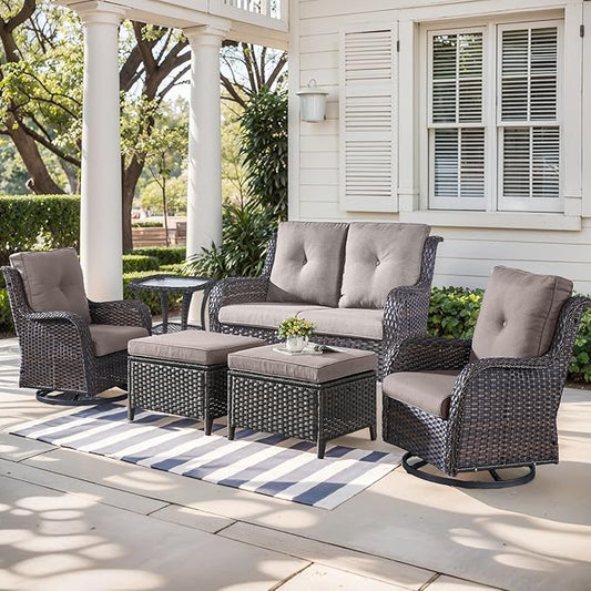 Outdoor Wicker Patio Furniture Set - 6 Piece Rattan Patio Conversation Set with 2 Rocking Swivel Chairs,2 Ottomans,1 Loveseat and 1 Side Table for Porch Deck Backyard Garden(Brown/Grey)