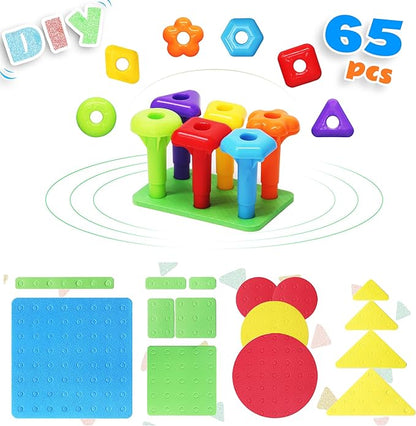 Ggiibro Peg Board Set STEM Toys for Toddlers Ages 3-6 | Montessori Sensory Stacking & Lacing Kit with Thick/Thin Foam Boards & Strings | Preschool Learning Toys for Fine Motor Skills Development