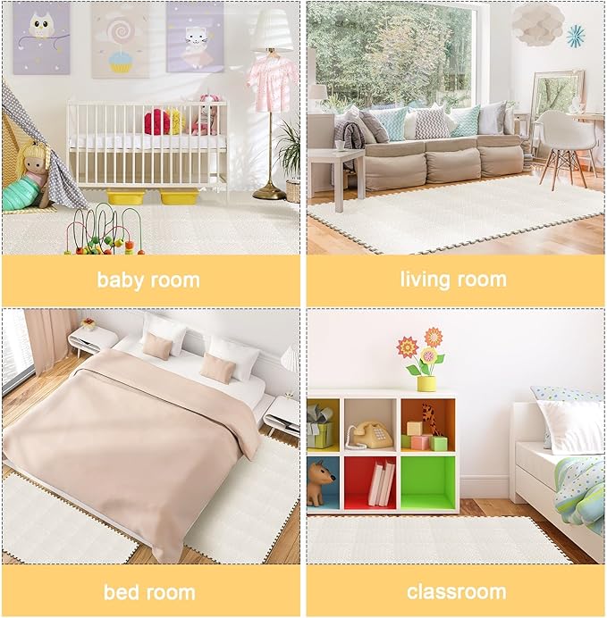 Shihanee Foam Floor Baby Tiles Foam Floor Mats Play Mats Bulk with Borders Interlocking for Kids Baby Playroom Nursery Gym(16ft,Ivory White)