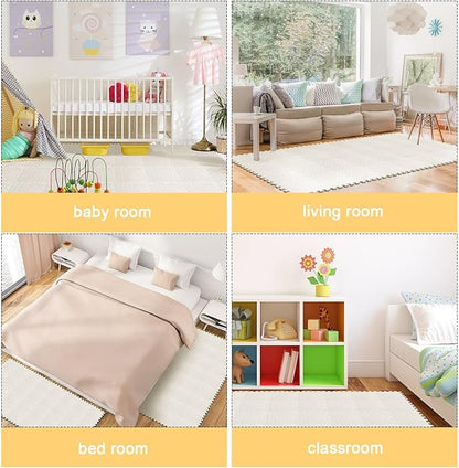 Shihanee Foam Floor Baby Tiles Foam Floor Mats Play Mats Bulk with Borders Interlocking for Kids Baby Playroom Nursery Gym(16ft,Ivory White)
