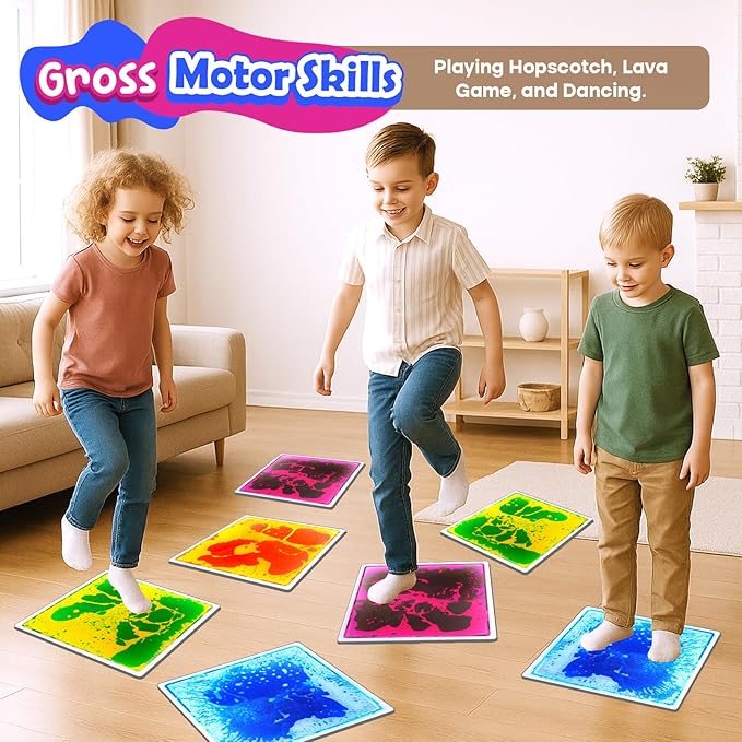 Sensory Floor Tiles for Kids Toddlers: 12"x12" Liquid Sensory Mats Puzzle Pads, Colorful Autism Sensory Play Mat for Dancing Stepping Lava Tile Games, Daycare Sensory Room Preschool Must Have(4 Pack)