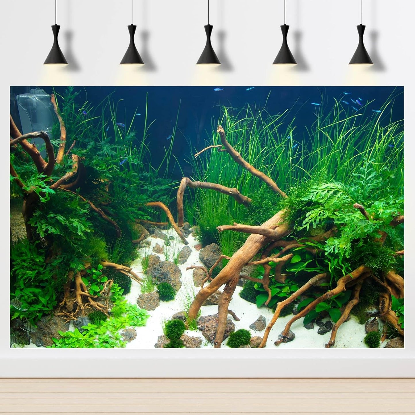 Aquarium Background Various Underwater Grass Plants Aquarium Backdrop Vivid and Fresh Green Aquatic Plants Stone River Bed and Dead Wood Yellow Stone Fish Tank Background 30x18in