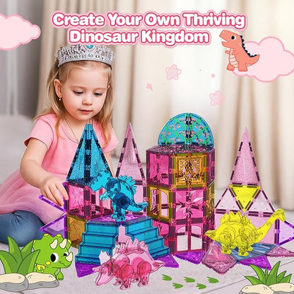 60PCS Dinosaur Toys Magnetic Tiles for Girls, Magnet Building Blocks Sensory Toy for Girls Boys Ages 3-5 4-8, STEM Learning Construction Toddler Girl Toys Birthday Gift for 3+ Years Old Kids Toy