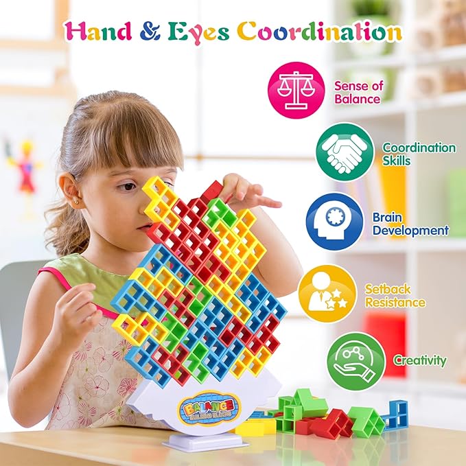 64Pcs Tetra Tower Game, Family Board for 2 Players Family Games, Building Blocks Stacking Balance Games Toys for Kids, Adults, Friends, Classroom, Family and Travel Party