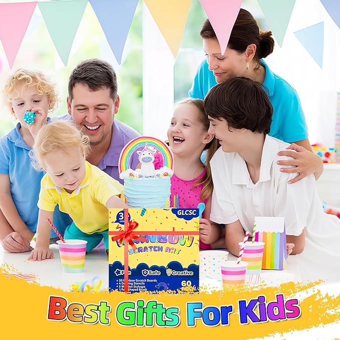 60 Pcs Scratch Art for Kids, Rainbow Scratch Paper, Black Magic Scratch Off Craft Set for 3 4 5 6 7 8 9 10 Years Old Girls and Boys Kids, Party Games Christmas Birthday Easter Gifts