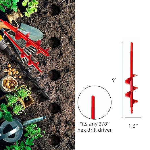 Garden Auger Drill Bit 1.6x9 in for Planting, Ground Earth Spiral Bit for 3/8" Hex Drive, Yard Auger for Bulbs, Hole Digger for Flowers, Bedding Digging Planter Tool