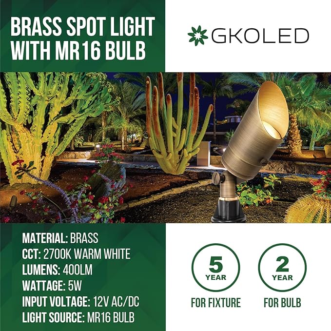 GKOLED Solid Brass Spotlight Low Voltage Landscape Lighting, LED Outdoor Lights for Garden Patio Yard, Directional Up and Down Light with 5W MR16 Bulb, 12V 2700K Warm White, 2 Pack
