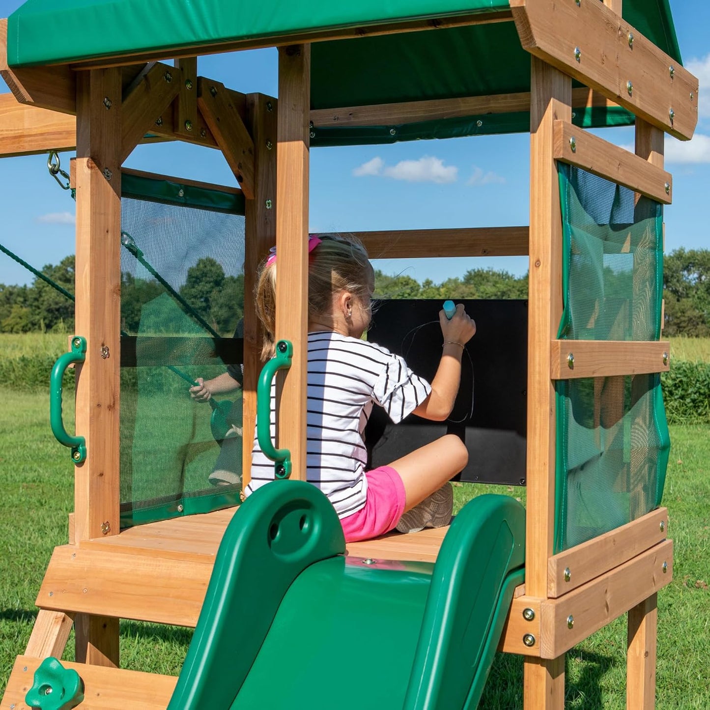 Backyard Discovery Buckley Hill Cedar Wood Swing Set with Wave Slide, Play Deck, Rock Wall Ladder, Belt Swings, Chalkboard, Canopy Roof, Outdoor Playset