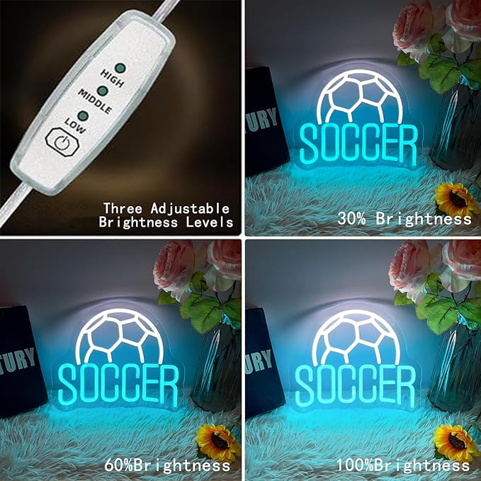 Soccer Neon Sign Dimmable LED Neon Signs for Wall Decor, Football Neon Light Sign for Bedroom Man Cave Gaming Room Party College Club Decor Sports Soccer Players Lover Gifts