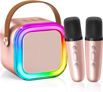 【2025 Newest】 Mini Karaoke Machine for Kids Girls & Boys - Portable Bluetooth Speaker with 2 Wireless Microphones - Kids Birthday Gifts for Ages 4-10 - Kids' Instrument Accessories - Rose Gold