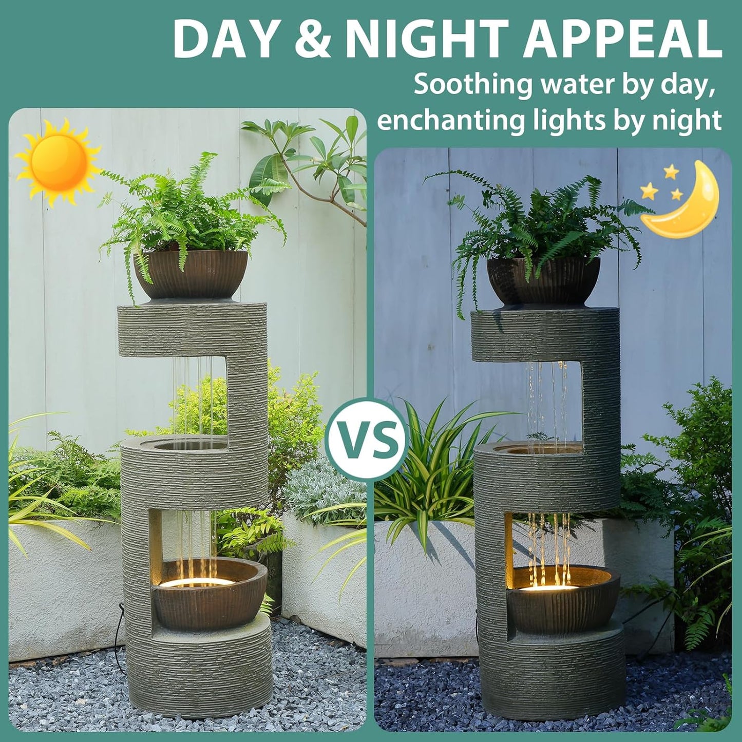 37.8" Outdoor Fountain with Waterfall & LED Lights, Freestanding Garden Water Fountain for Patio/Backyard, Resin Tiered Fountain with Pump