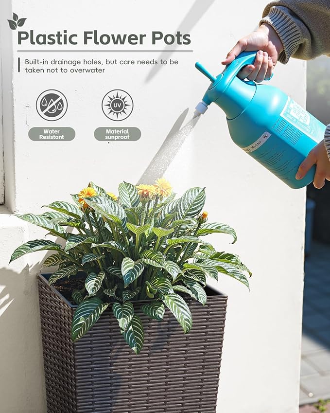 Greesum 32 Inch Tall Plastic Planters with Rattan Texture – Set of 2, Detachable Inner Pot & Drainage Holes, Indoor/Outdoor Decorative Flower Pots for Large Plants, Trees, Patio, and Garden, Brown