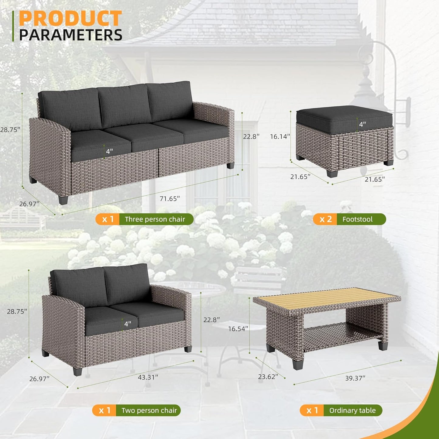 Outdoor Patio Sectional Sofa Set, 4-Piece Rattan Furniture, Patio Conversation Sets with Table Ottomans, Seats 5, Dark Grey