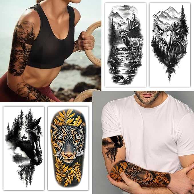 77 Sheets Forest Animals Temporary Tattoo for Women Men, 17 Sheets Half Arm Large Lion Tiger Wolf Fake Tattoos, 60 Sheets Black Skull Owl Bear Tiny for Adult Kids Body Tattoos Stickers Realistic