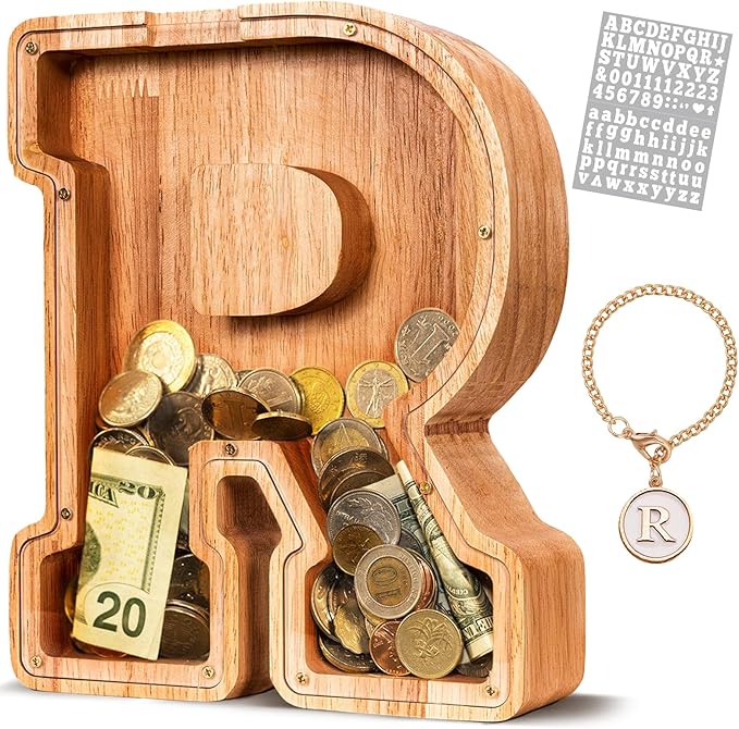 KMC Wooden Letter Piggy Bank, Personalized Initial Piggy Bank for Kids Boys, Clear Alphabet R Wood Money Box, Unbreakable Coin Saving Jar, Birthday, for Children