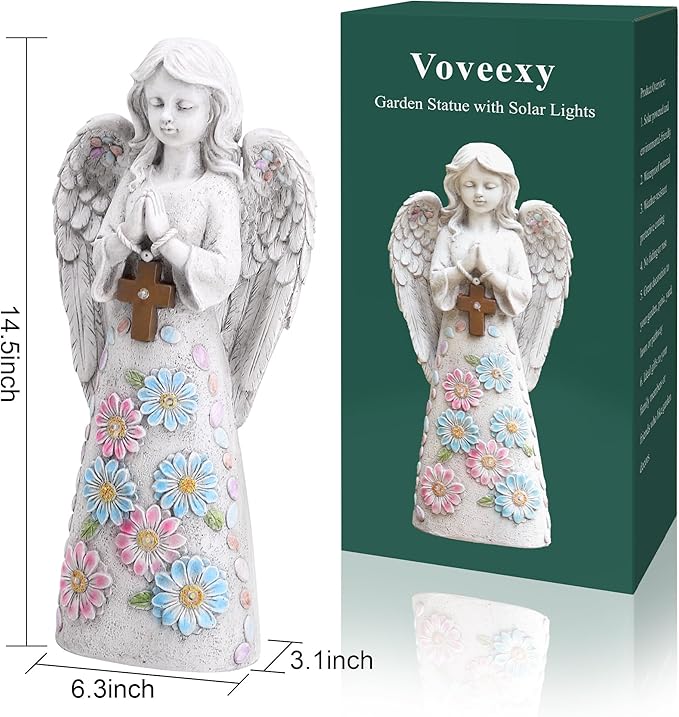 Angel Garden Figurine Outdoor Statue, Solar Garden Sculpture with 7 LEDs Welcome Sign Resin Praying Angel Art Decor for Patio Lawn Yard Porch Decoration, Housewarming Gift