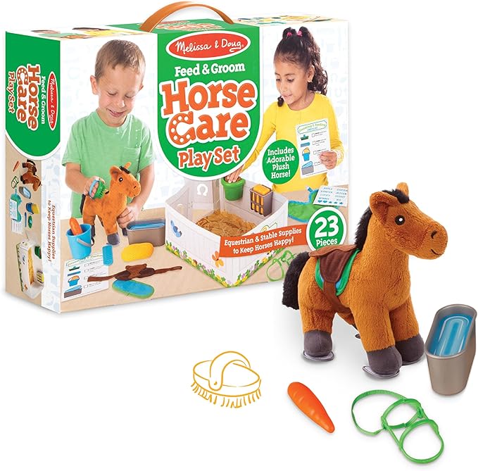 Melissa & Doug Feed & Groom Horse Care Play Set with Plush Stuffed Animal (23 pcs) Pretend Play Horse Plush Toys for Girls and Boys Toddlers Ages 1+