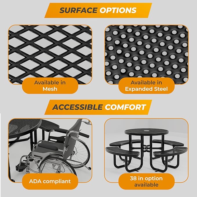 Metal Picnic Tables for Outdoors with Umbrella Hole - Coated Steel Heavy Duty Commercial Grade Table with Adjustable Seats (Blue, 46 in, Round, Expanded Steel)