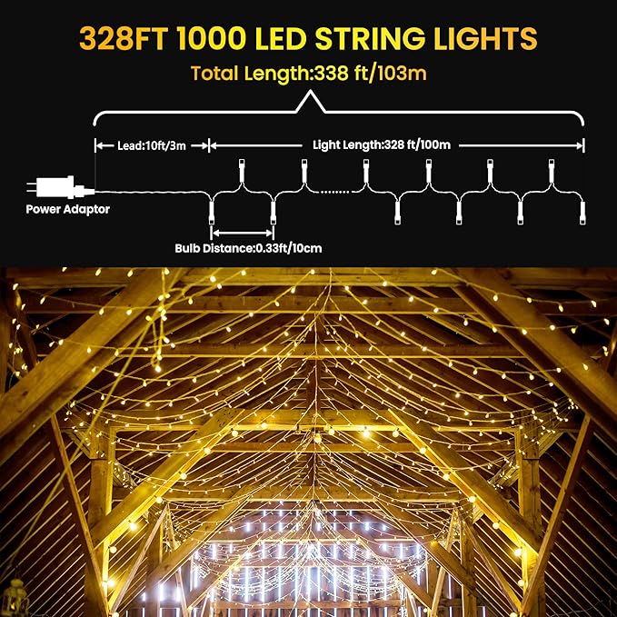 338Ft LED Christmas Lights Outdoor - 1000 String Lights With 8 Modes, Timer, Waterproof Fairy Twinkle for Party, Garden, Wedding, Holiday, Xmas Tree Decorations (Warm White)