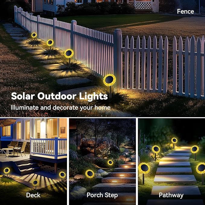 Outdoor Solar Lights, 2 Pack Led Solar Sunflower Lights, Stake/Wall 2-in-1 Waterproof Solar Garden Lights for Yard, Landscape, Fence, Patio, Driveway, Pathway, Backyard Decoration (Warm White)