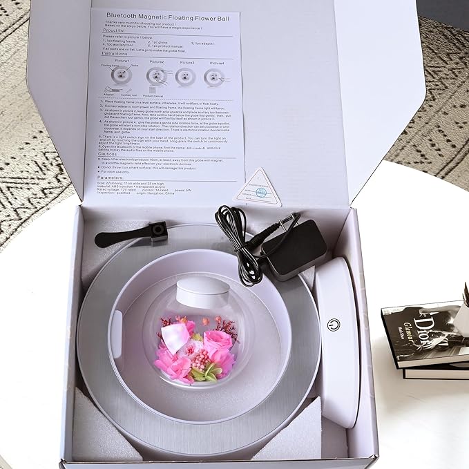 LoveLin Magnetic Levitation Circle Table Lamp with Bluetooth Speaker,5W Led Night Light,Three Variable Color,Automatic Rotating Preserved Flowers Creative Gifts Home Office Ornament Rotundity Layout