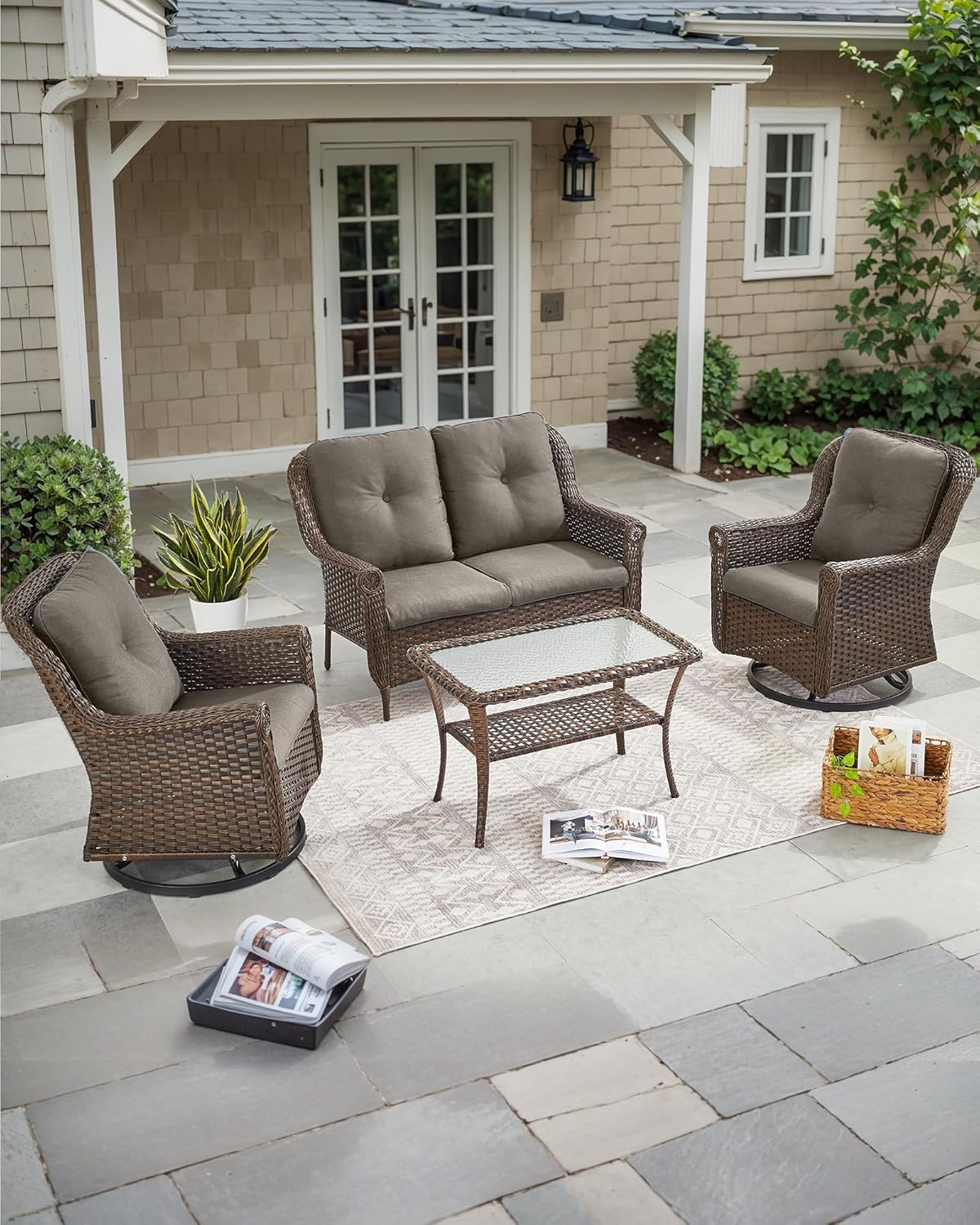 Patio Loveseat Outdoor Wicker Sofa - Heavy Duty All-Weather Brown Rattan 2-Person Sofas with High Back and Comfortable Thick Cushions for Garden Back Porch Poolside Apartment - Grey