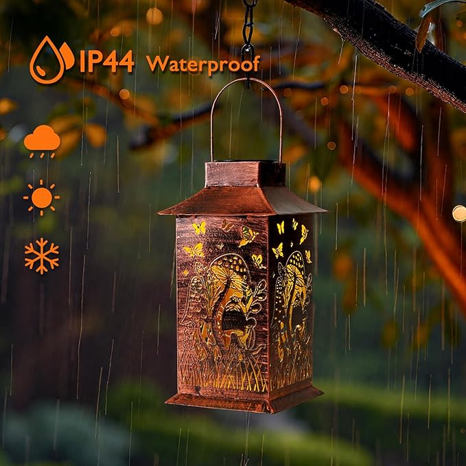 Homemory Mushroom Solar Lanterns Waterproof, Metal Hanging Hollowed-Out Metal Decor Lantern, LED Outdoor Decoration for Outside LED Lanternse for Yard, Backyard, Porch, Lawn