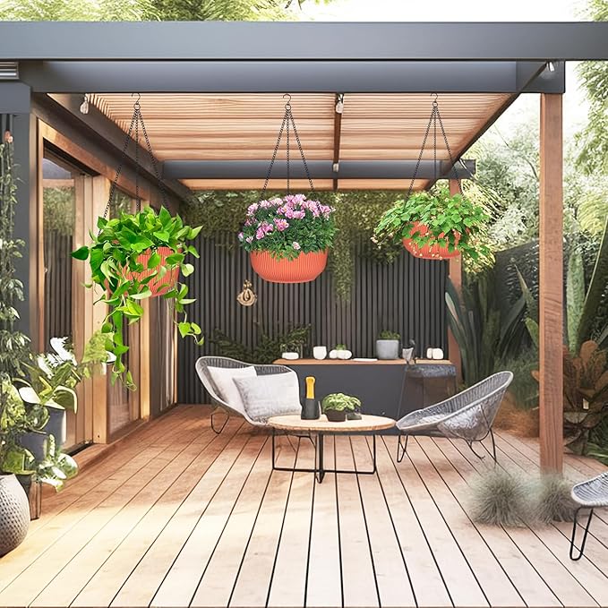 Hanging Planters for Indoor Plants, 3 Pack Plant Hanger Outdoor with Drainage Holes, Self Watering Hanging Basket Flower Pot for Garden Home Decor, 9/10/11 Inch, Orange