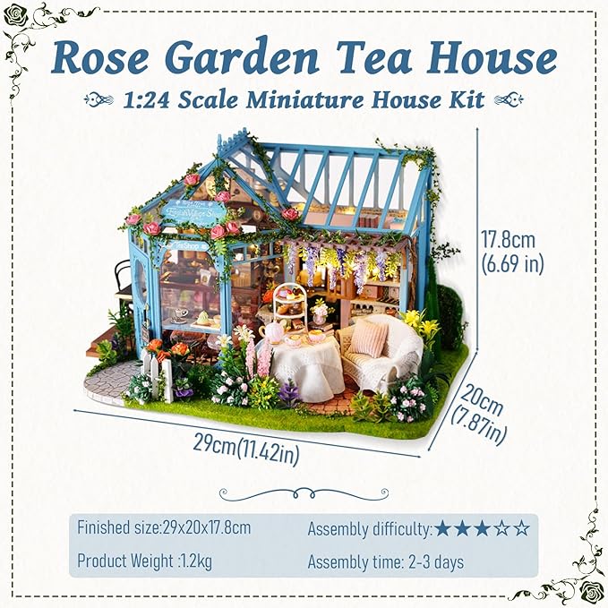 Fsolis DIY Miniature Dollhouse Kit for Adults - Tiny Scene House Mini Garden House Kit 3D Puzzles for Adults Gifts for Women Teenagers Craft Lovers (Rose Garden Tea House)