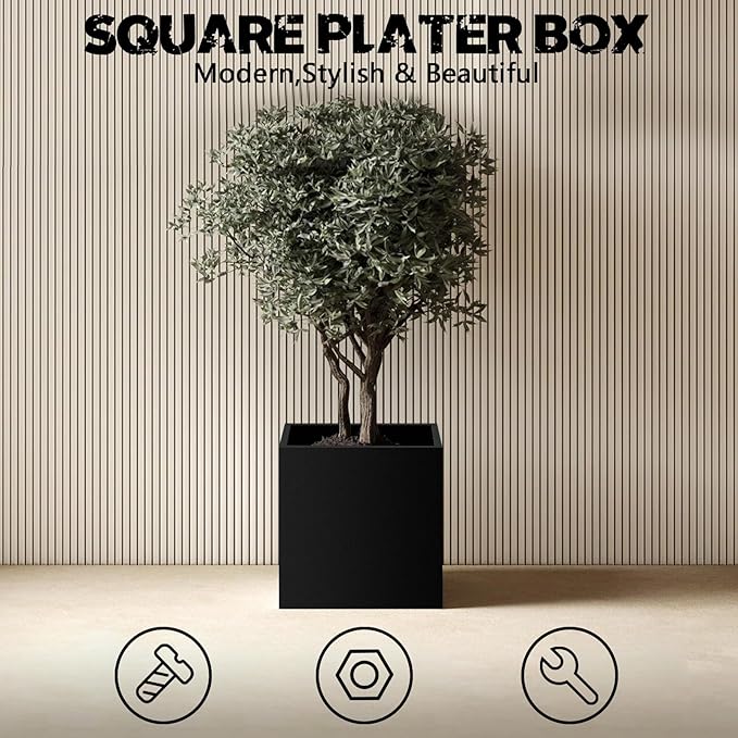 Heavy Duty Steel Planter Box (16"x16"x16"),Square Tall Planter Modern Detached for Indoor & Outdoor Planters Cube,Black Flower Plant Pot for Commercial Residential for Patio Deck & Backyard
