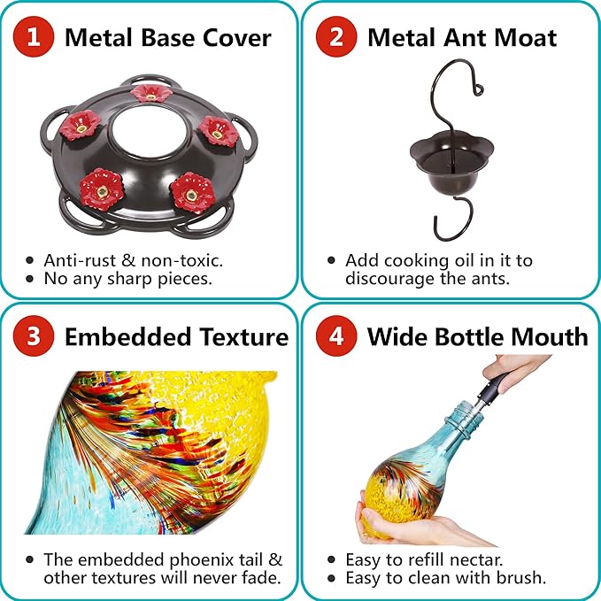 LUJII Hand Blown Glass Hummingbird Feeder for Outdoors with Ant Moat, Leak Proof & Rustproof, 25 fl.oz, Metal Base Cover with 5 Feeding Ports & Perches, Glass Art for Garden Decor (Blue Mixed Yellow)