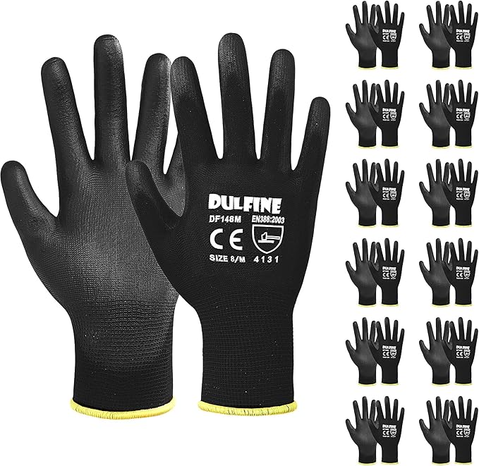 DULFINE Ultra-Thin PU Coated Work Gloves-12 Pairs,Excellent Grip,Nylon Shell Black Polyurethane Coated Safety Work Gloves, Knit Wrist Cuff,Ideal for Light Duty Work. (XX-Large)