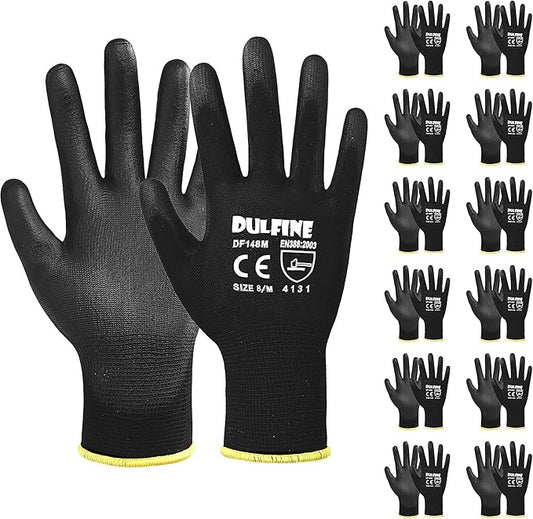 DULFINE Ultra-Thin PU Coated Work Gloves-12 Pairs,Excellent Grip,Nylon Shell Black Polyurethane Coated Safety Work Gloves, Knit Wrist Cuff,Ideal for Light Duty Work. (Medium)