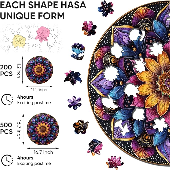 Jiroinlly Mandela Wooden Jigsaw Puzzles - Flower Puzzles for Adults 500 Pcs, 16.7'' x 16.7''Unique Shaped Wood Puzzle, Beautiful Package for Halloween, Best Gift for Adults and Kids, Family Game