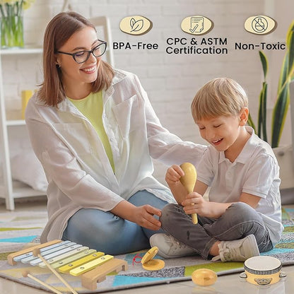 Natural Wood Baby Toys - Musical Toys for Toddlers 1-3: Toddler Musical Instruments Set of 5 in 1, with a Tambourine, Egg Shaker, Castanet, Maracas and Xylophone for Kids at All Ages