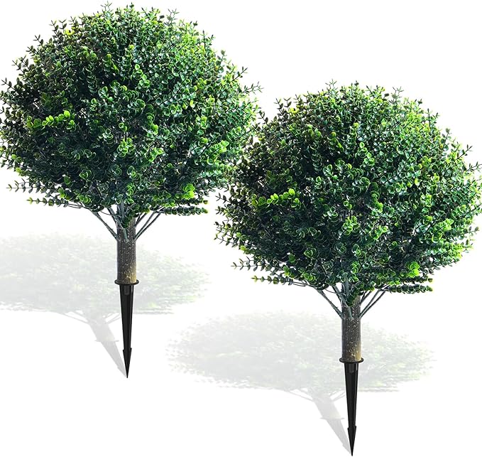 Yunlly 2 Pcs 18 Inch Artificial Boxwood Ball Topiary Tree Fake Outdoor Plants Bush, UV Resistance Faux Shrubs with Spike Realistic Greenery Potted for Indoor Garden Yard Porch Patio Decor (Dark Green)